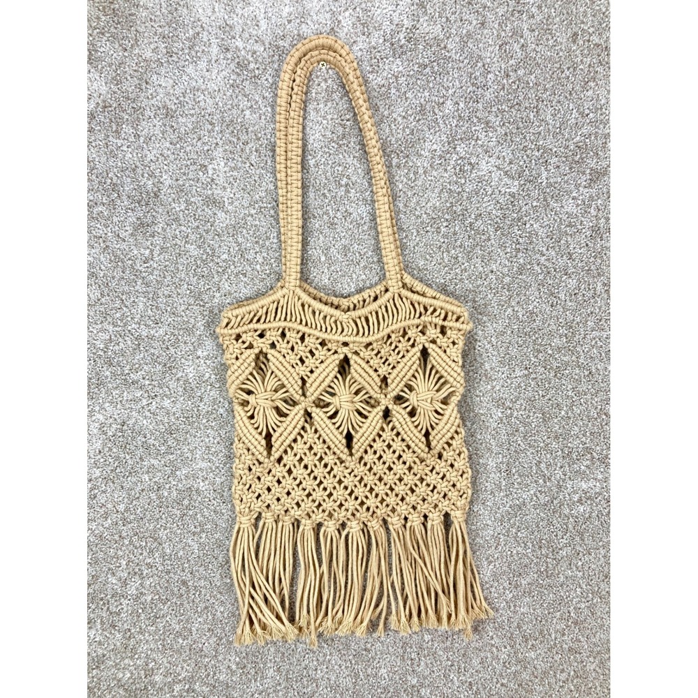 Macrame Fringe Boho Tote Bag Tan Woven Shoulder Bag Handcrafted Beach Summer